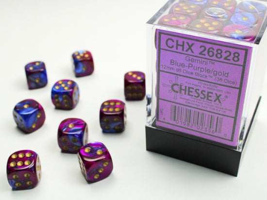 CHX26828 12mm D6 Dice Block: Gemini Blue-Purple with Gold | GrognardGamesBatavia