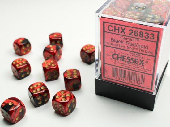 CHX26833 12mm D6 Dice Block: Gemini Black-Red with Gold | GrognardGamesBatavia