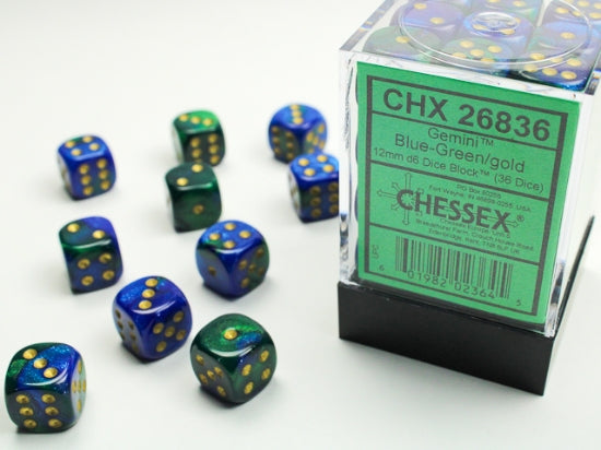 CHX26836 12mm D6 Dice Block: Gemini Blue-Green with Gold | GrognardGamesBatavia