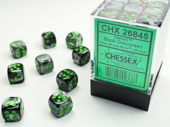 CHX26845 12mm D6 Dice Block: Gemini Black-Grey with Green | GrognardGamesBatavia