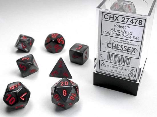 CHX27478 Polyhedral 7-Die Set: Velvet Black with Red | GrognardGamesBatavia