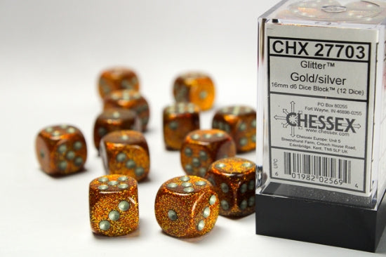 CHX27703 16mm D6 Dice Block: Glitter Gold with SIlver | GrognardGamesBatavia