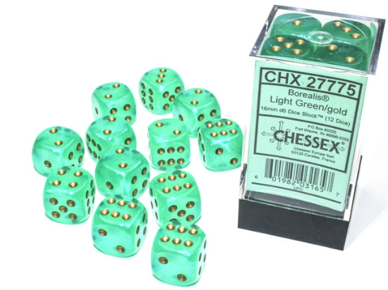 CHX27775 16mm D6 Dice Block: Borealis Light Green with Gold | GrognardGamesBatavia