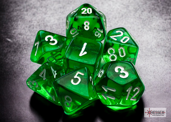 Translucent Mini-hedral™ Green/white 7-Die Set | GrognardGamesBatavia