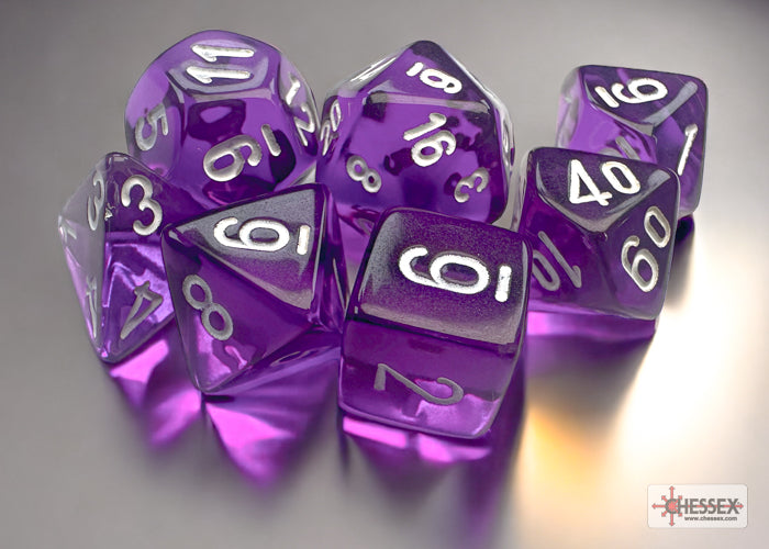 Translucent Mini-hedral™ Purple/white 7-Die Set | GrognardGamesBatavia