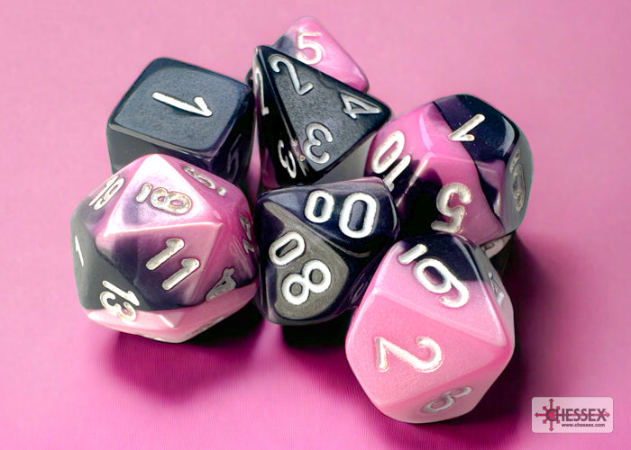 Gemini® Mini-hedral™ Black-Pink/white 7-Die Set | GrognardGamesBatavia