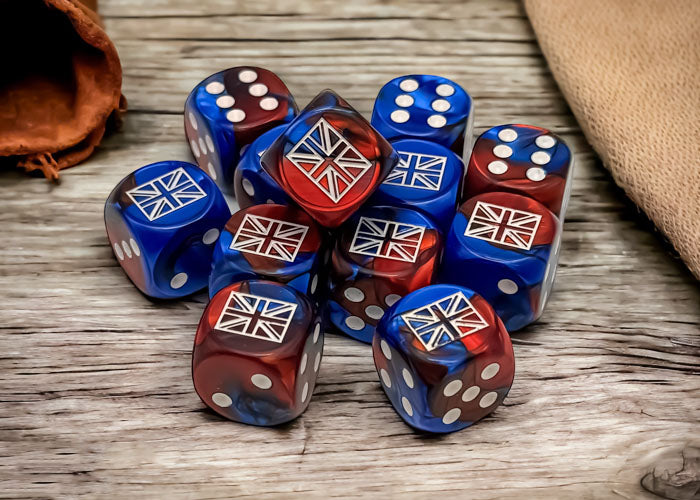 CHX 29064 Great Britain War Dice Gemini Blue-Red/white 16mm d6 Dice Block (12 dice) | GrognardGamesBatavia