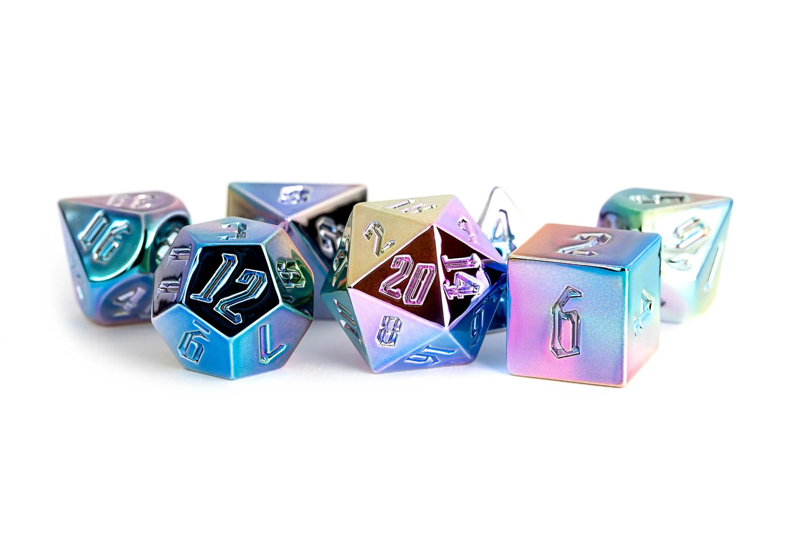 Rainbow Aegis Uninked 16mm Aluminum Plated Acrylic Poly Dice Set | GrognardGamesBatavia