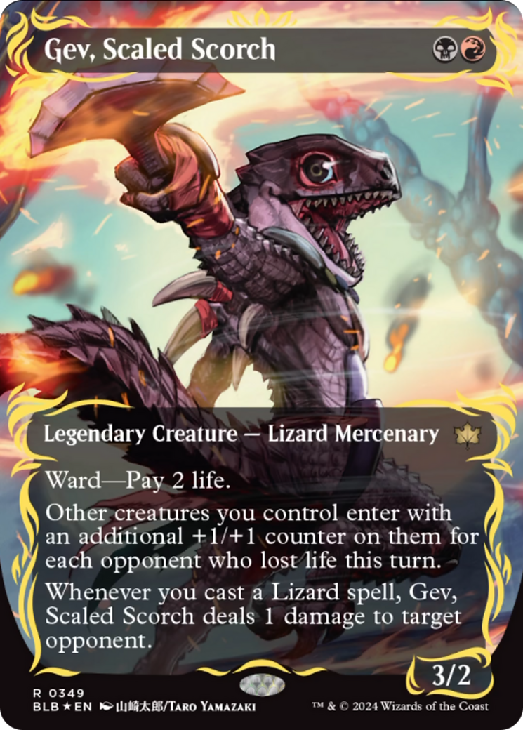 Gev, Scaled Scorch (Borderless) (Raised Foil) [Bloomburrow] | GrognardGamesBatavia