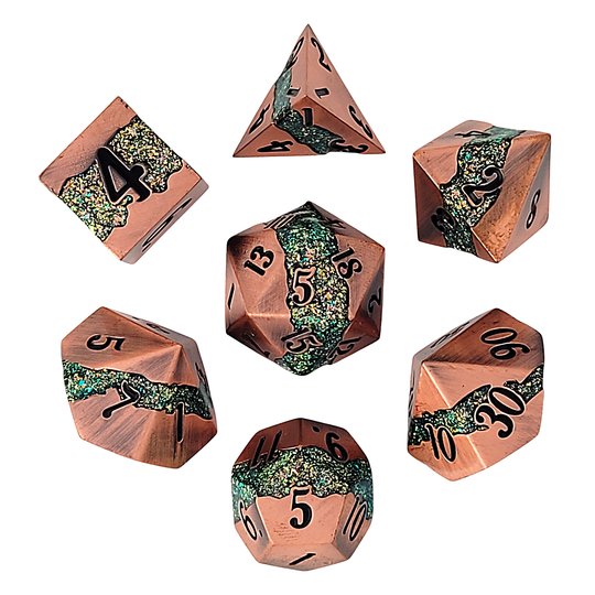 Forged Gaming Galactic Flow Copper Green Metal Dice Set | GrognardGamesBatavia