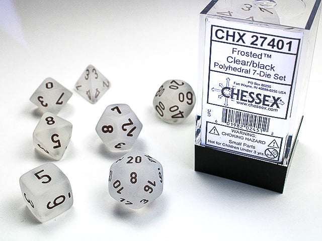 CHX27401 Polyhedral 7-Die Set: Frosted Clear with Black | GrognardGamesBatavia
