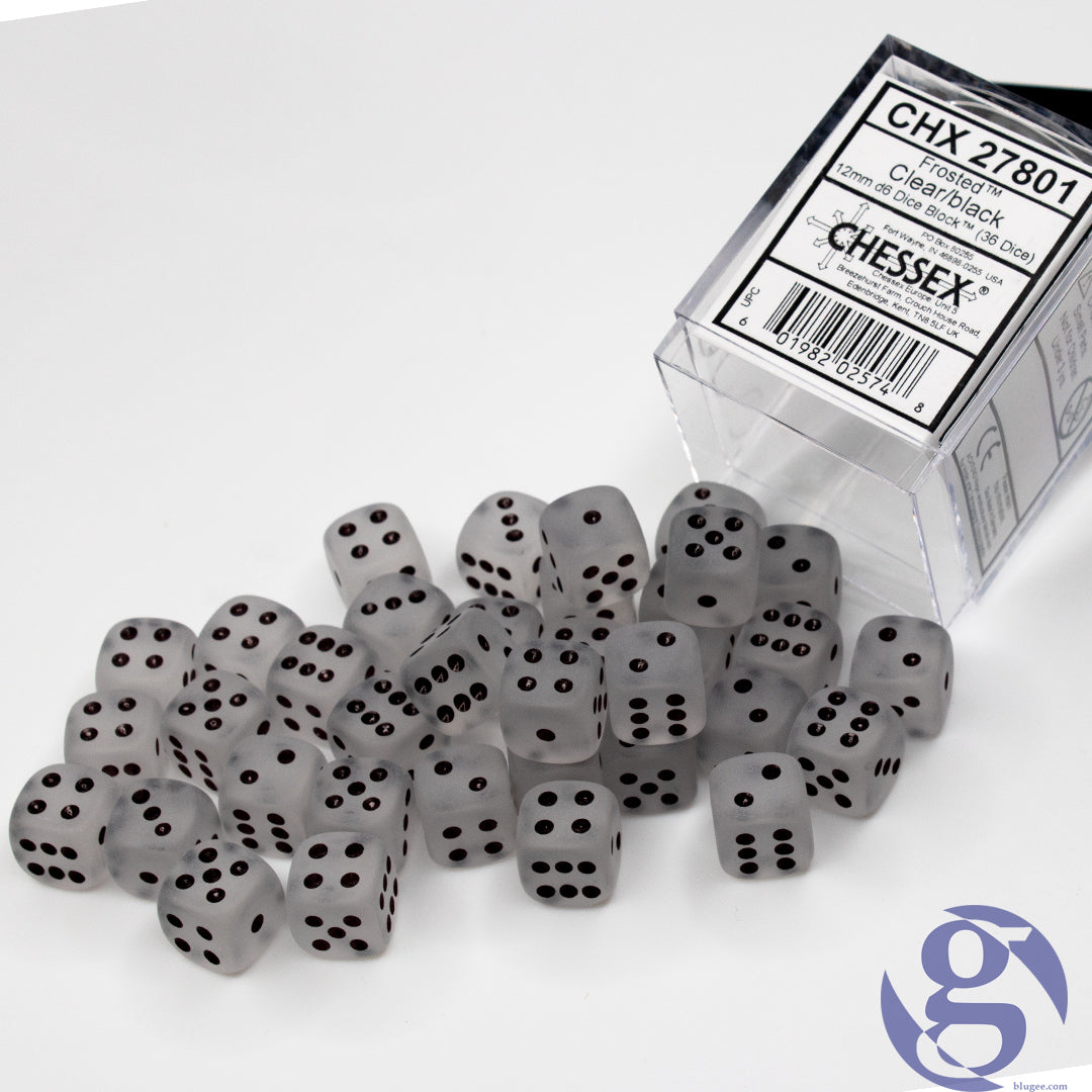 CHX27801 12mm D6 Dice Block: Frosted Clear with Black | GrognardGamesBatavia