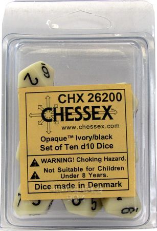 CHX 26200 Opaque Ivory/Black Set of Ten d10s Dice | GrognardGamesBatavia