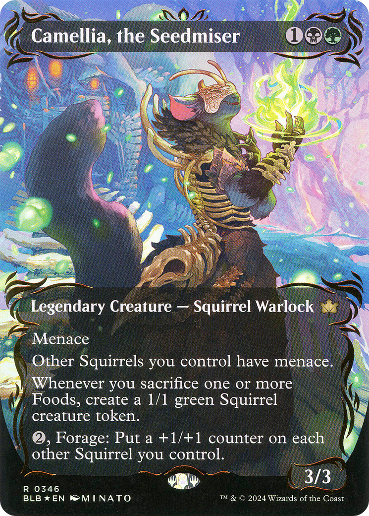 Camellia, the Seedmiser (Borderless) (Raised Foil) [Bloomburrow] | GrognardGamesBatavia