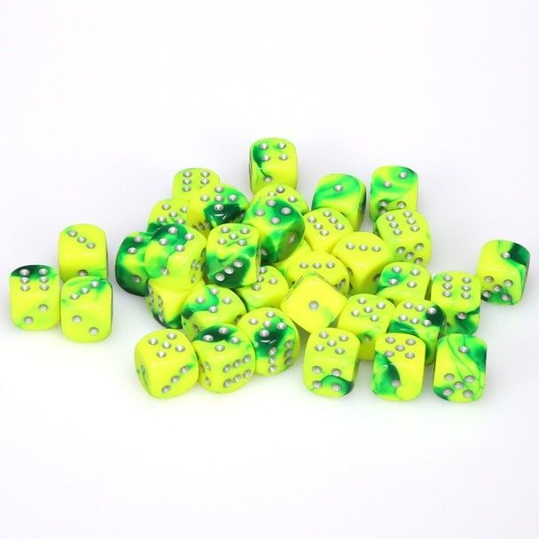 CHX27854 12mm D6 Dice Block: Gemini Green-Yellow with Silver | GrognardGamesBatavia