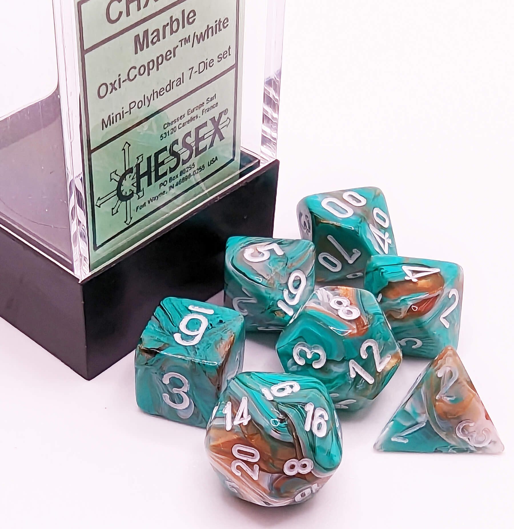 CHX20403 Mini Dice Marble Oxi-Copper/White | GrognardGamesBatavia