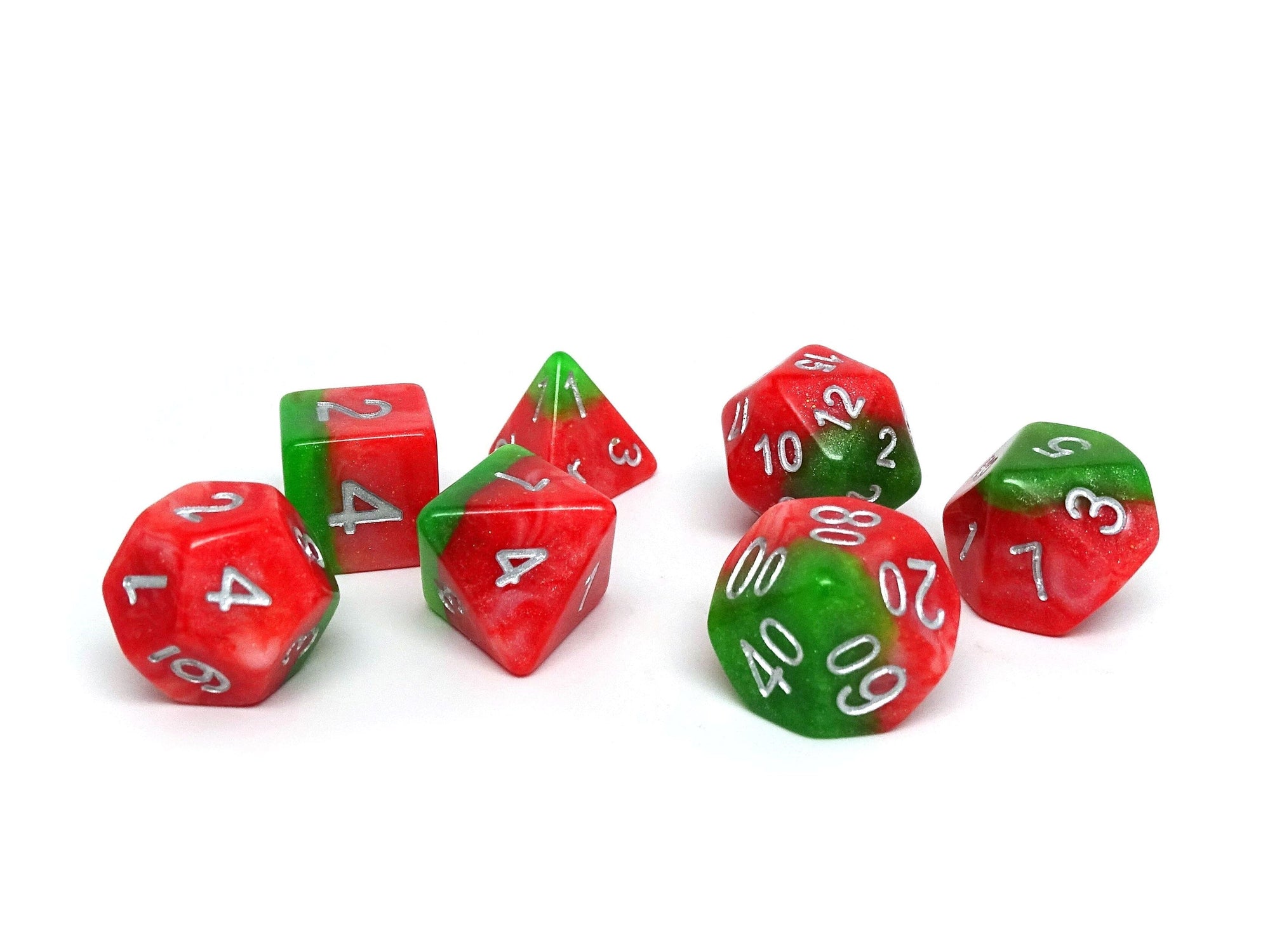 Red and Green Two Tone - 7 Piece Dice Collection | GrognardGamesBatavia