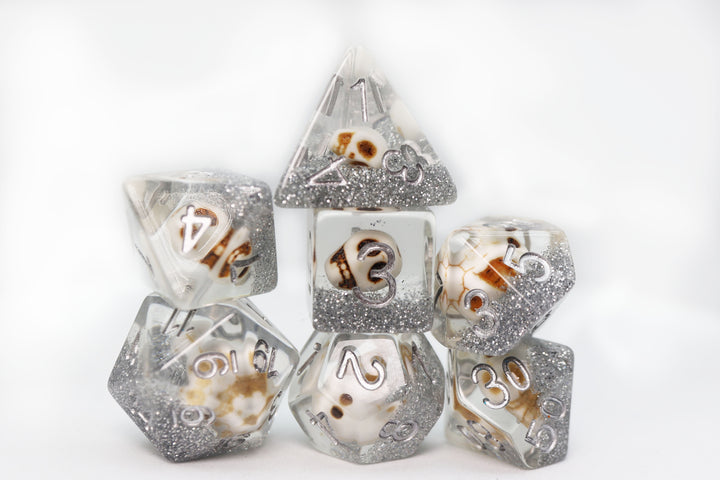 SKULL AND SILVER GLITTER RPG DICE SET | GrognardGamesBatavia