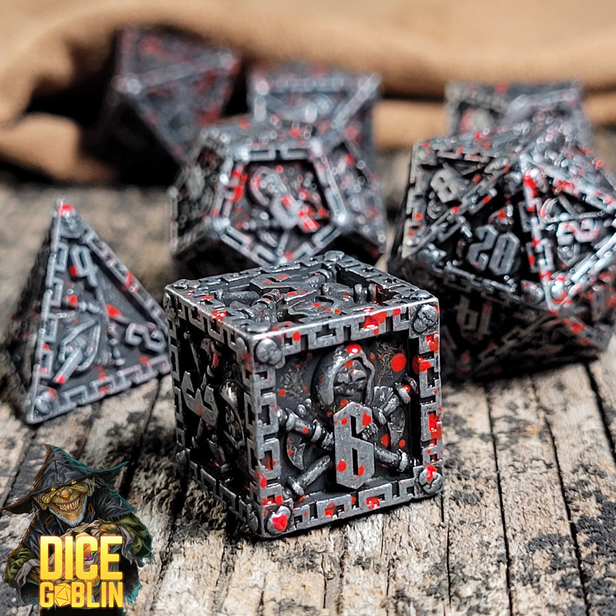 Dice Goblin Reaper Metal RPG Dice Set - Weathered Silver with Blood Splatter | GrognardGamesBatavia