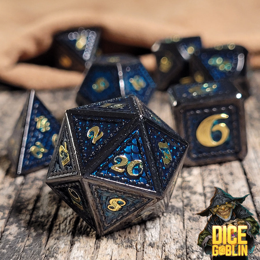 Dice Goblin Scales Metal RPG Dice Set - Gunmetal with Metallic Blue | GrognardGamesBatavia