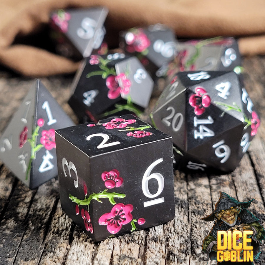 Dice Goblin Flowers Metal RPG Dice Set - Black with Green and Pink | GrognardGamesBatavia