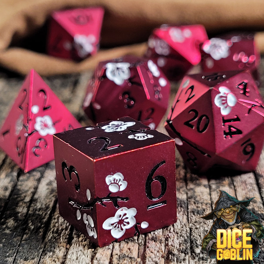 Dice Goblin Flowers Metal RPG Dice Set - Red with White | GrognardGamesBatavia