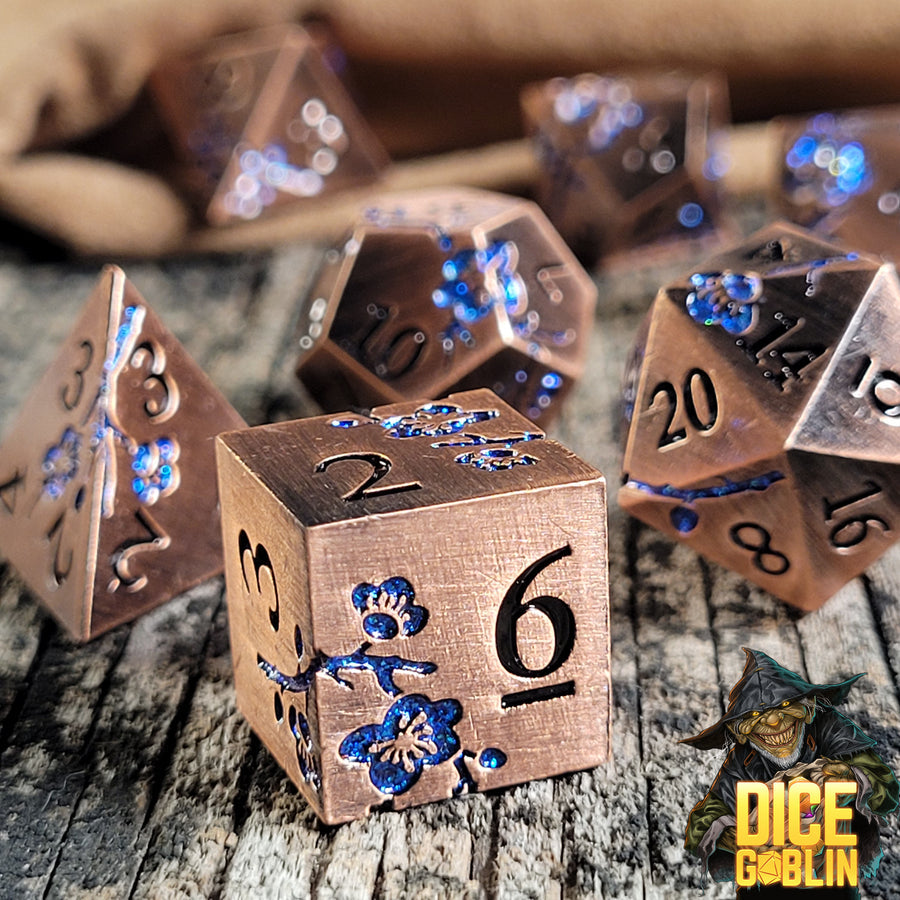 Dice Goblin Flowers Metal RPG Dice Set - Copper with Blue Glitter | GrognardGamesBatavia