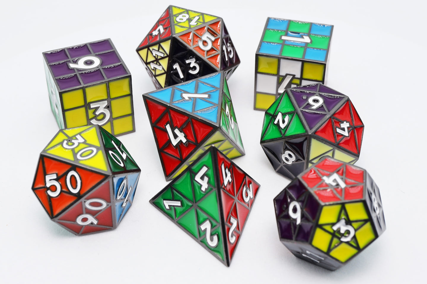 Puzzle Cube: Midnight Metal - Metal 8 piece Dice Set | GrognardGamesBatavia