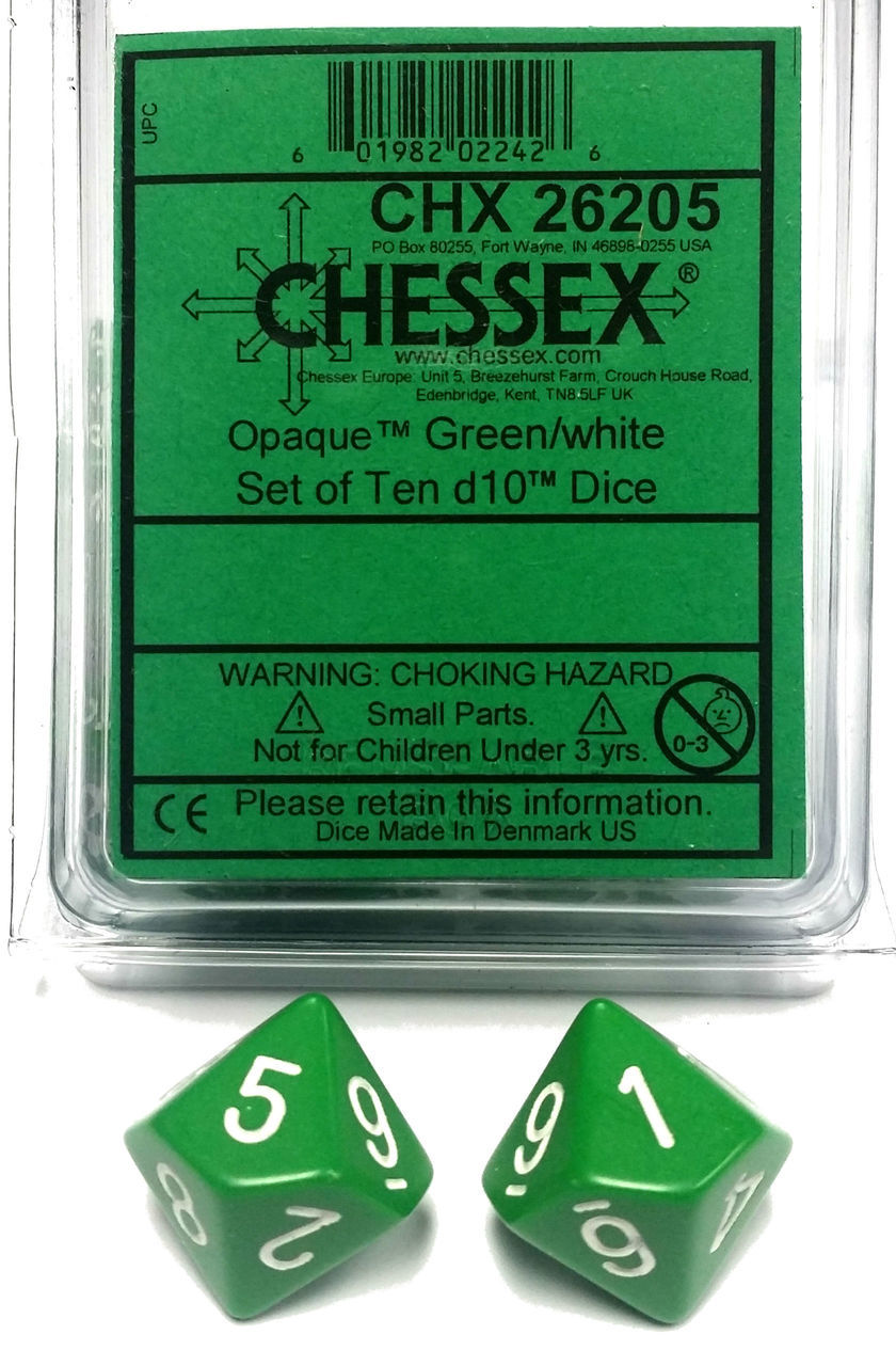 CHX 26205 Opaque Green/White Set of Ten d10 DIce | GrognardGamesBatavia