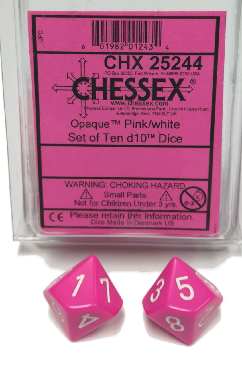 CHX 25244 Opaque Pink/White Set of Ten d10 Dice | GrognardGamesBatavia