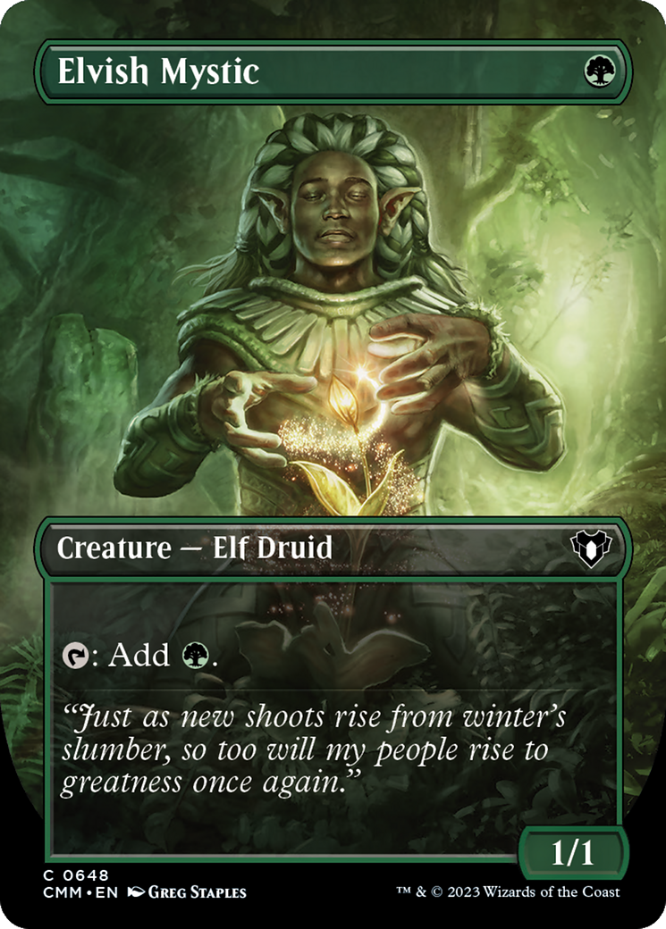 Elvish Mystic (Borderless Alternate Art) [Commander Masters] | GrognardGamesBatavia