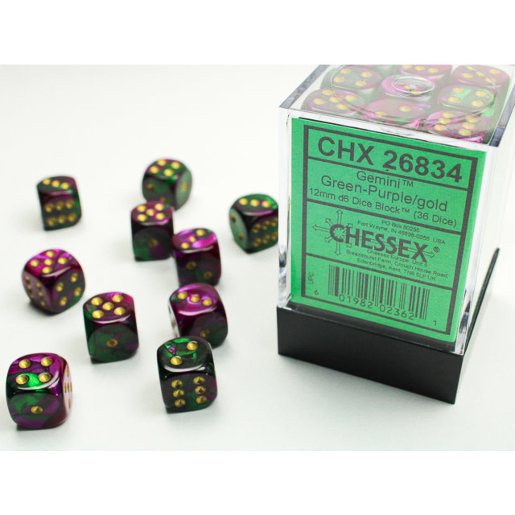 CHX26834 12mm D6 Dice Block: Gemini Green-Purple with Gold | GrognardGamesBatavia