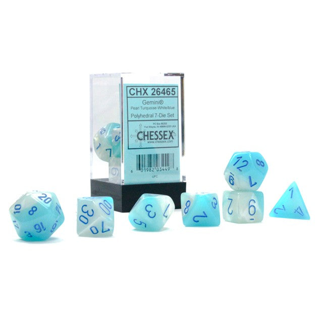 CHX26465 Polyhedral 7-Die Set: Gemini: Turquoise-White/Blue Luminary | GrognardGamesBatavia