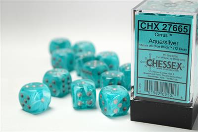 CHX27665 Cirrus Aqua/Silver 12 d6 Dice Set | GrognardGamesBatavia