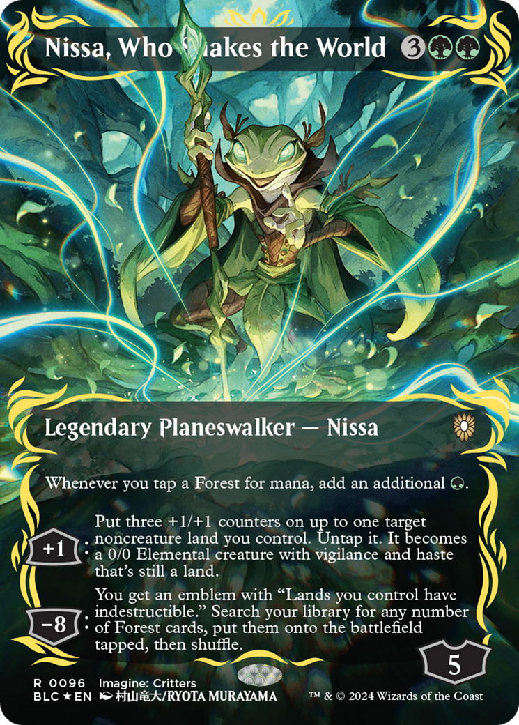 Nissa, Who Shakes the World (Borderless) (Raised Foil) [Bloomburrow Commander] | GrognardGamesBatavia