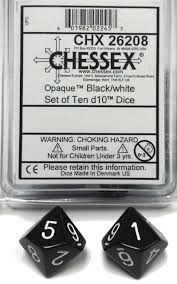 CHX 26208 Opaque Black/White Set of Ten d10 Dice | GrognardGamesBatavia