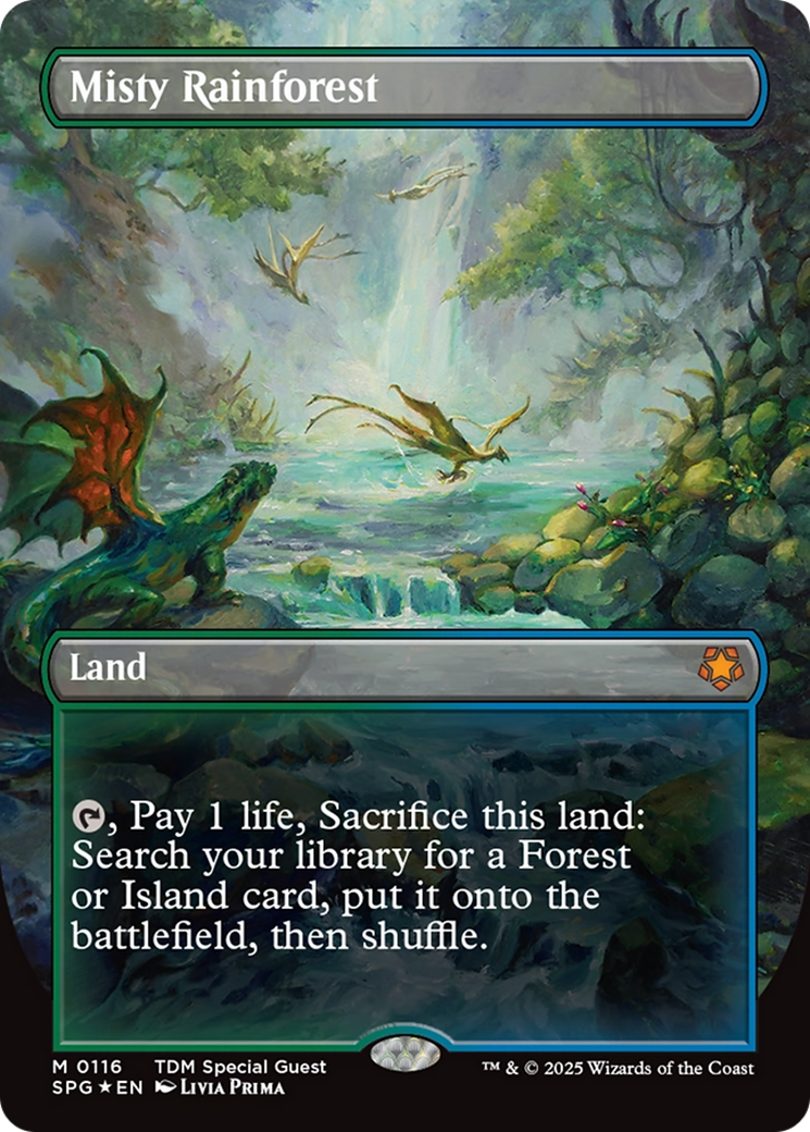 Misty Rainforest (Borderless) (Dragonscale Foil) [Tarkir: Dragonstorm Special Guests] | GrognardGamesBatavia