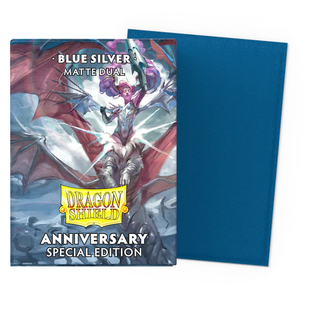 SLEEVES - DRAGON SHIELD - BOX 100 - STANDARD SIZE DUAL MATTE BLUE SILVER ANNIVERSARY SPECIAL EDITION | GrognardGamesBatavia