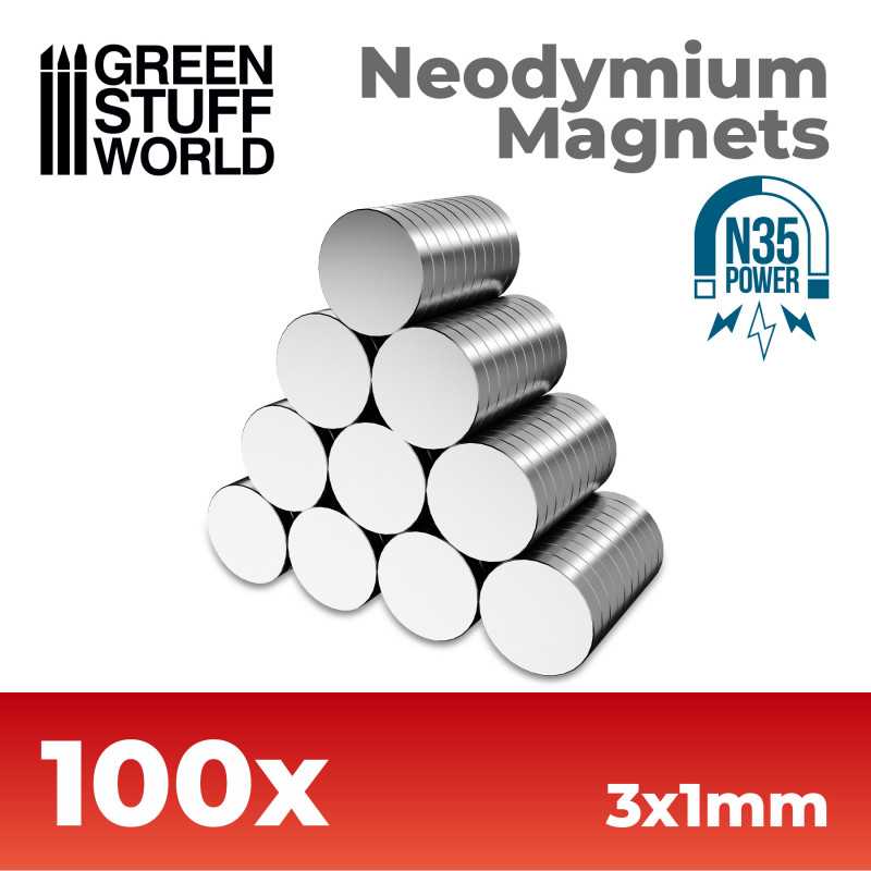 Green Stuff World: Neodymium Magnets 3x1mm - 100 units (N35) | GrognardGamesBatavia