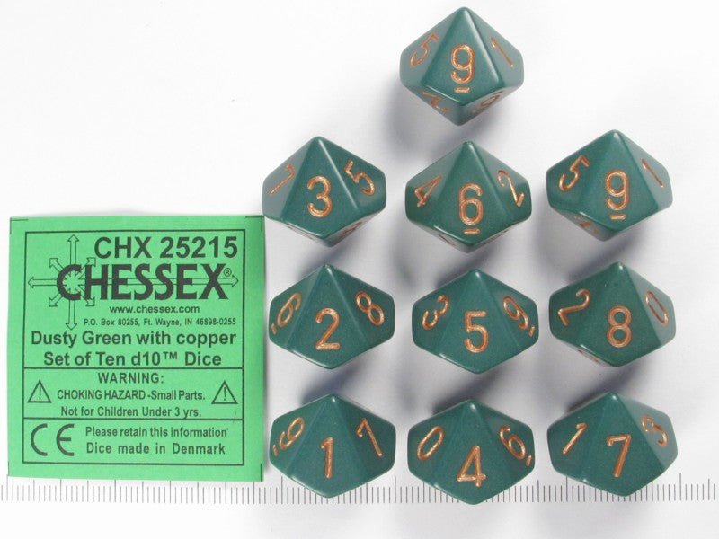 CHX 25215 Opaque Dusty Green/Copper Set of Ten d10 Dice | GrognardGamesBatavia