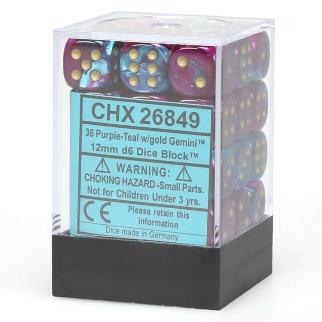 CHX26849 12mm D6 Dice Block: Gemini Purple-Teal with Gold | GrognardGamesBatavia