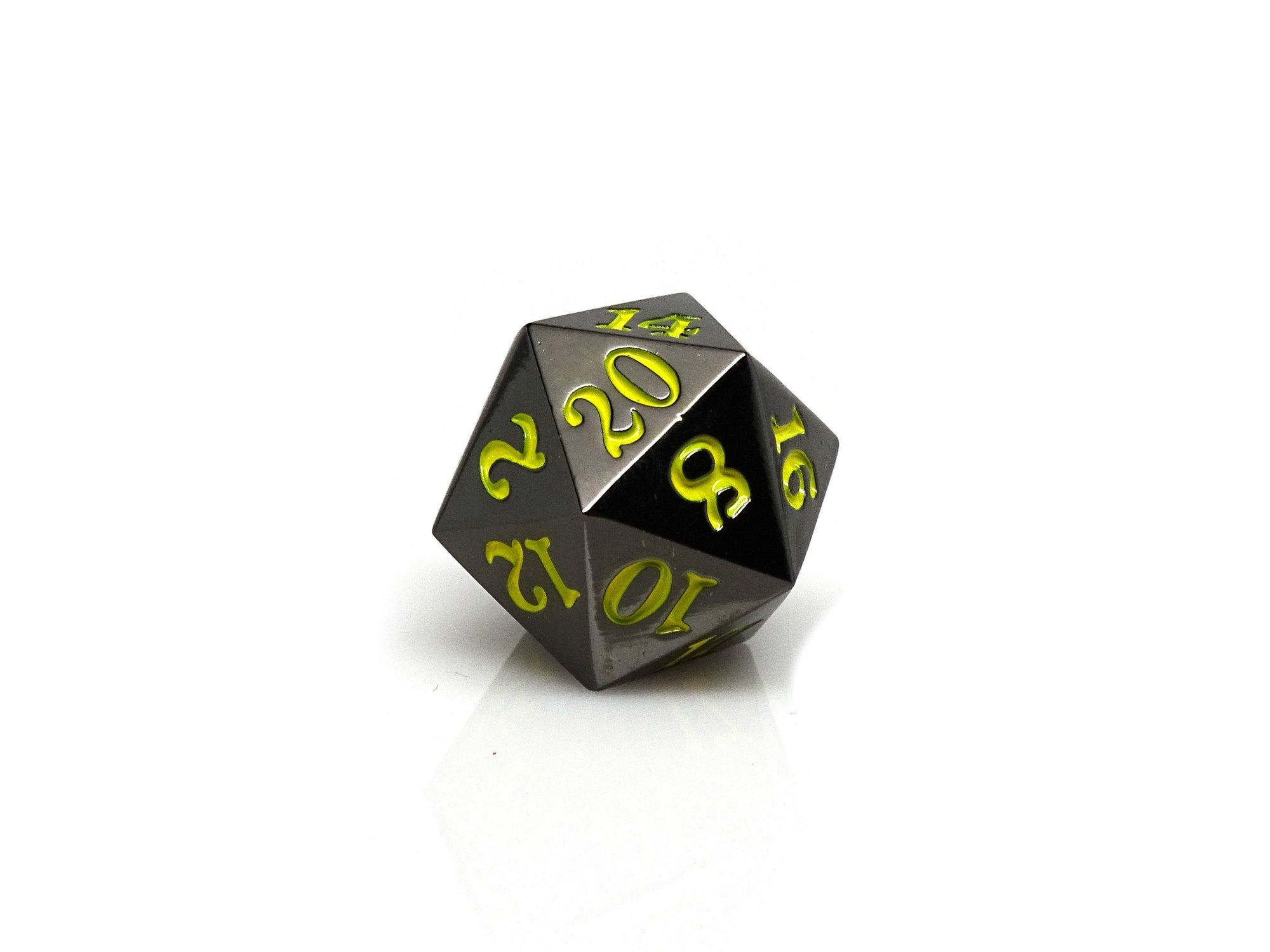 Easy Roller Dice Co. Metal D20 - Gun Metal - Yellow Font | GrognardGamesBatavia