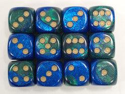 CHX26636 Gemini Blue-Green/gold 12 D6 Set | GrognardGamesBatavia