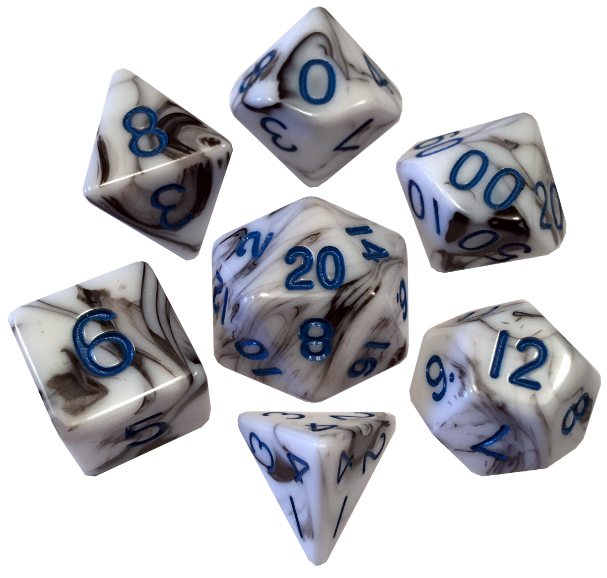 Marble with Blue Numbers 16mm Polyhedral Dice Set | GrognardGamesBatavia