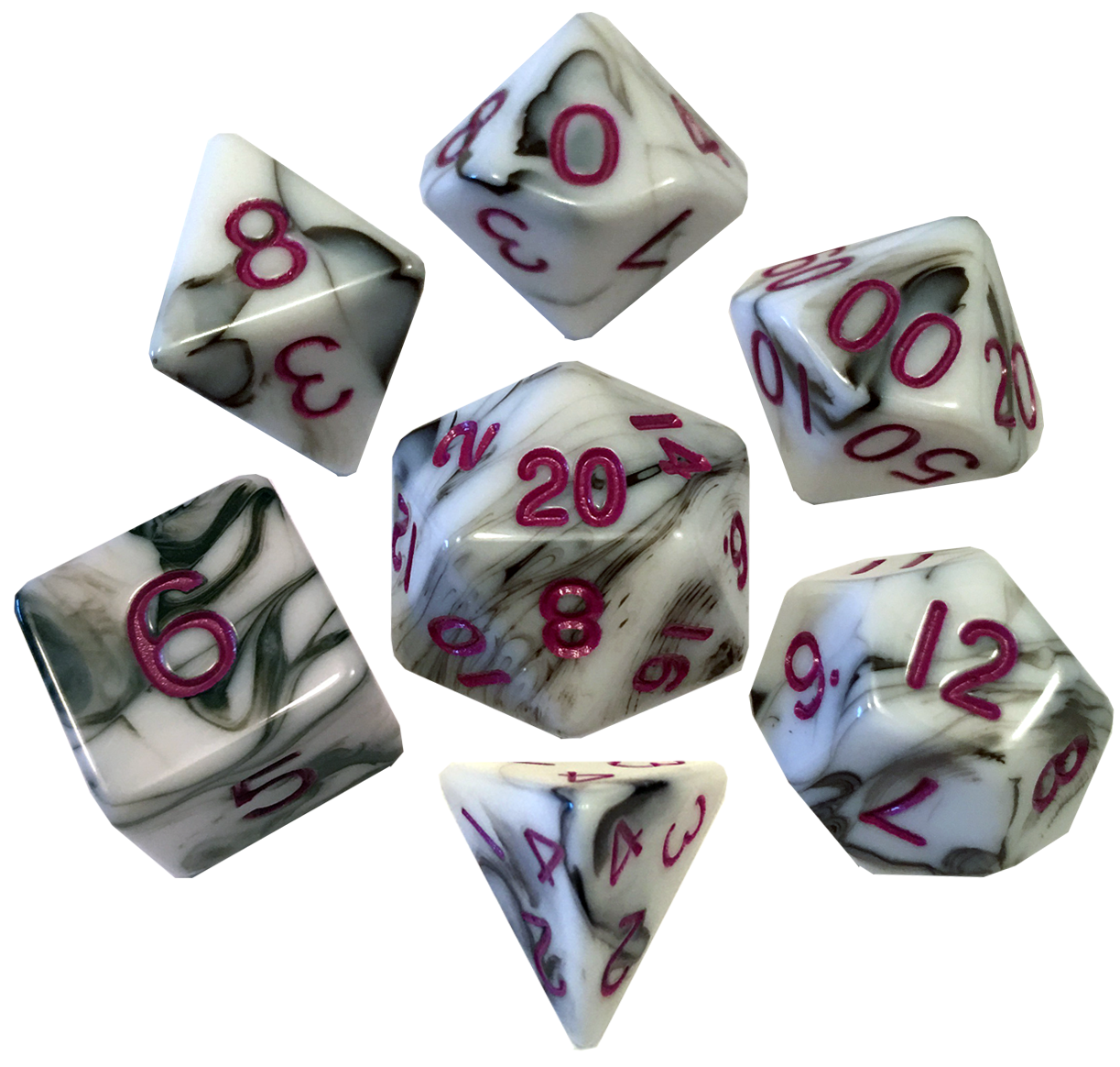 Marble with Purple Numbers 16mm Polyhedral Dice Set | GrognardGamesBatavia