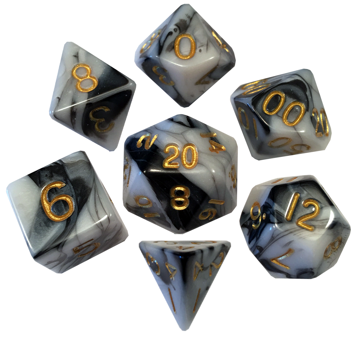 Marble with Gold Numbers 16mm Polyhedral Dice Set | GrognardGamesBatavia