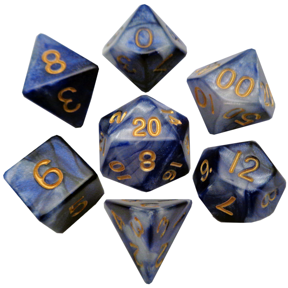 Blue/White with Gold Numbers 16mm Polyhedral Dice Set | GrognardGamesBatavia