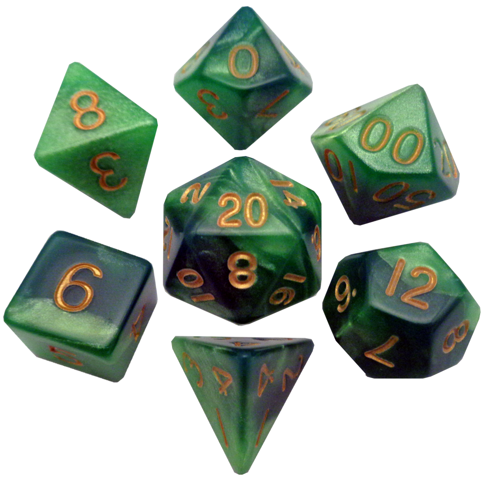 Green/Light Green with Gold Numbers 16mm Polyhedral Dice Set | GrognardGamesBatavia