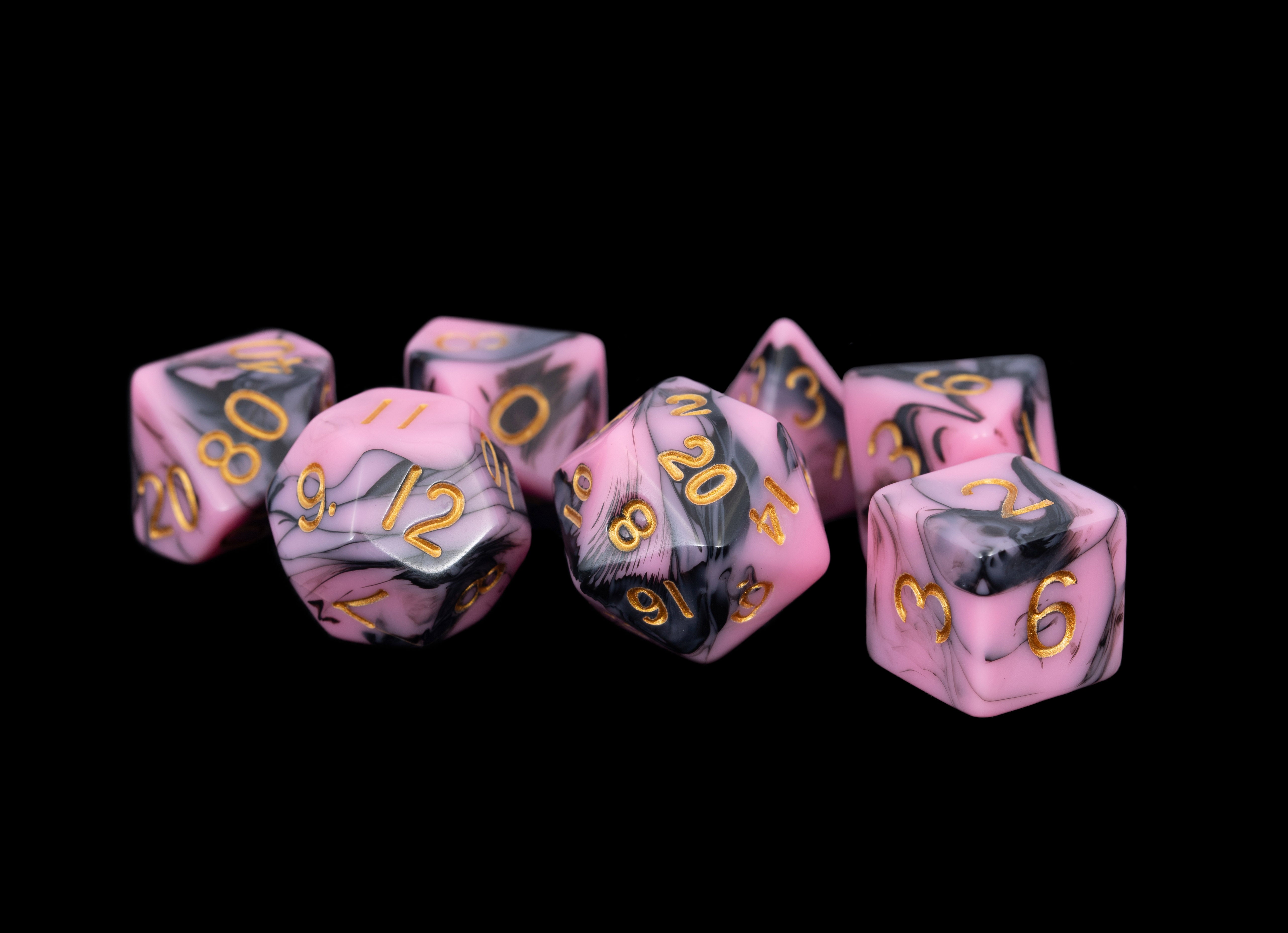 Pink and Black Marble with Gold Numbers 16mm Poly Dice Set | GrognardGamesBatavia