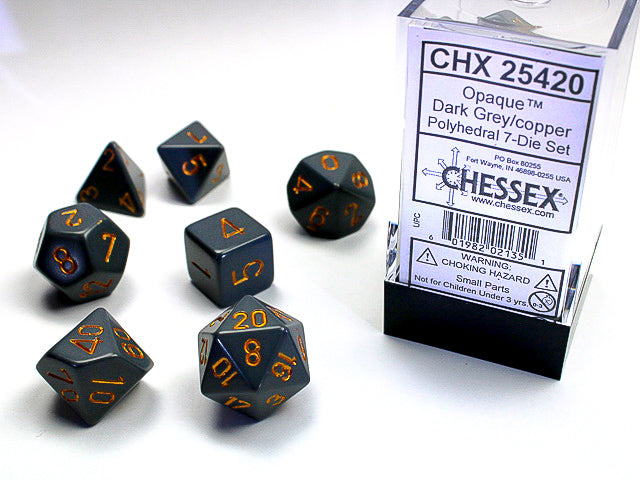 CHX25420 Opaque Dark Grey/Copper Polyhedral 7-Dice Set | GrognardGamesBatavia